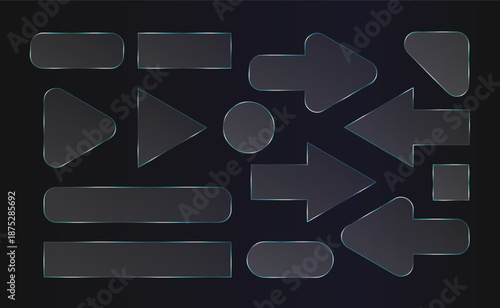 Transparent glass arrow, 3d frame effect. Plastic texture rectangle, glossy gradient square. Screen panel crystal clear shape. Text box round button ui, neon glow reflection. Realistic liquid overlay