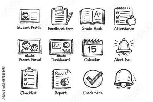 Hand-drawn school icons: student profile, enrollment form, grade book, attendance, parent portal.