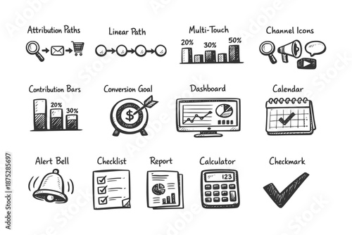 Hand-drawn business icons: attribution, dashboard, calendar, checklist, calculator.