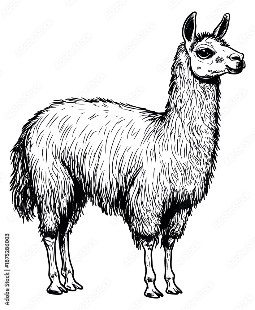 Fototapeta premium Hand drawn line art illustration of a llama depicting a standing pose for animal-themed designs