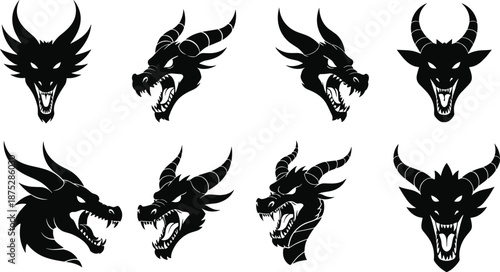 Aggressive dragon head silhouette set featuring roaring mythical beasts with horns sharp teeth for fantasy logos tattoos illustration