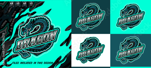 Powerful dragon mascot logo design e-sports gaming emblem teal black mythical creature shield badge editable template. Vector illustration.ai