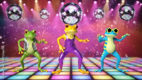 Three frogs wearing colorful outfits dance under a disco ball surrounded by flashing lights on a dance floor, creating a vibrant party atmosphere