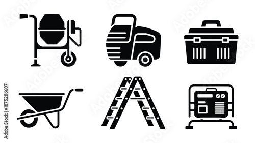 Construction tools and equipment icons for industrial projects and DIY tasks