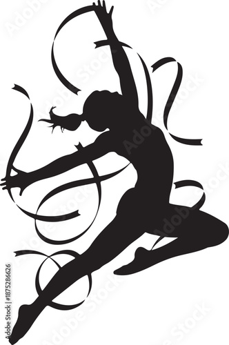 Graceful rhythmic gymnast silhouette performing an athletic jump with a ribbon