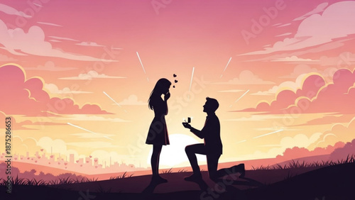 Man Proposing to Woman on One Knee at Sunset with Ring