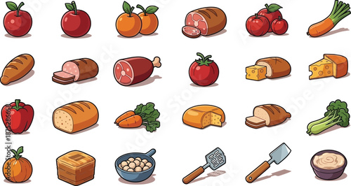 A collection of various food items and kitchen tools illustrated in a colorful cartoon style on a white background