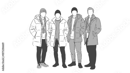 Minimalist Line Art Illustration of Four Faceless Men in Winter Puffer Jackets and Casual Outfits isolated PNG with Transparent Background