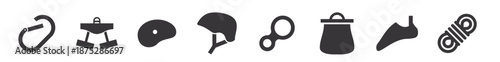 Mountain climbing gear silhouette icon set. Vector illustration for outdoor adventure, hiking, and mountaineering. Equipment includes rope, helmet, carabiner, ice axe, and harness. Vector illustration