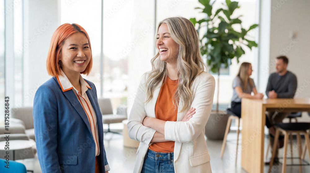 Obraz premium Two young professional women standing and smiling at each other in modern office space