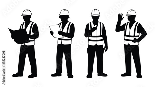 Construction workers in various poses with safety gear