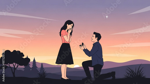 Man Proposing to Woman at Sunset with Ring in Hand, Romantic Landscape Background
