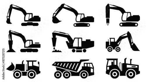 Heavy machinery icons for construction and industry