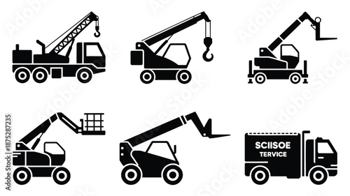 Heavy duty construction vehicles in black silhouette