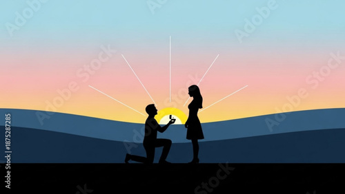 Man Proposing to Woman at Sunset on Hilltop