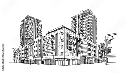 Urban street architecture sketch vector inspired by modern Tel Aviv Ramat Gan