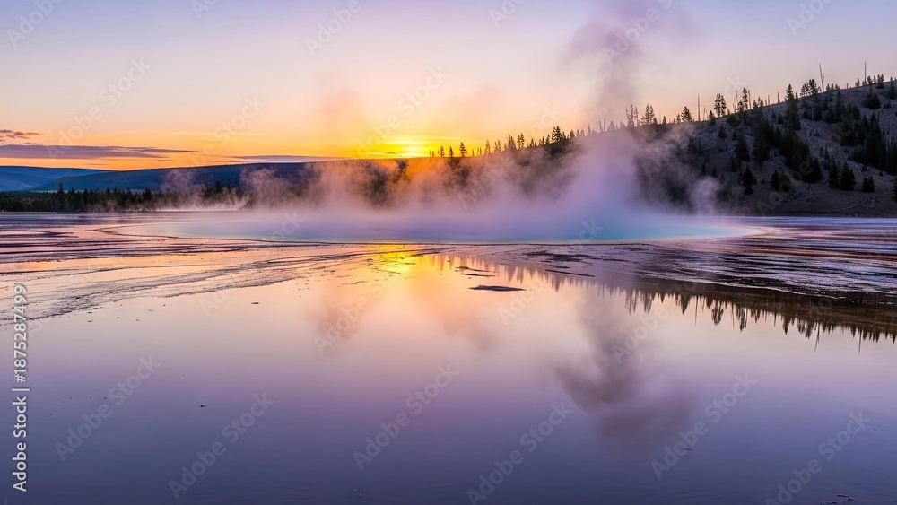 Fototapeta premium Serene misty lake at sunrise with steam rising peacefully