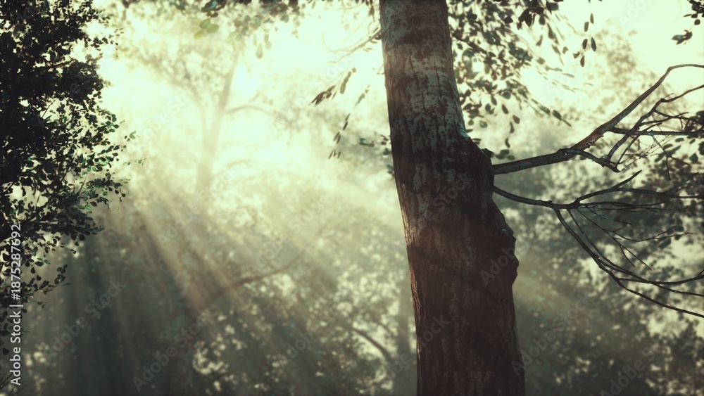 Obraz premium Gentle rays of sunlight stream through the canopy, illuminating a tranquil forest. A tall tree stands proudly, surrounded by lush greenery, creating a peaceful atmosphere.
