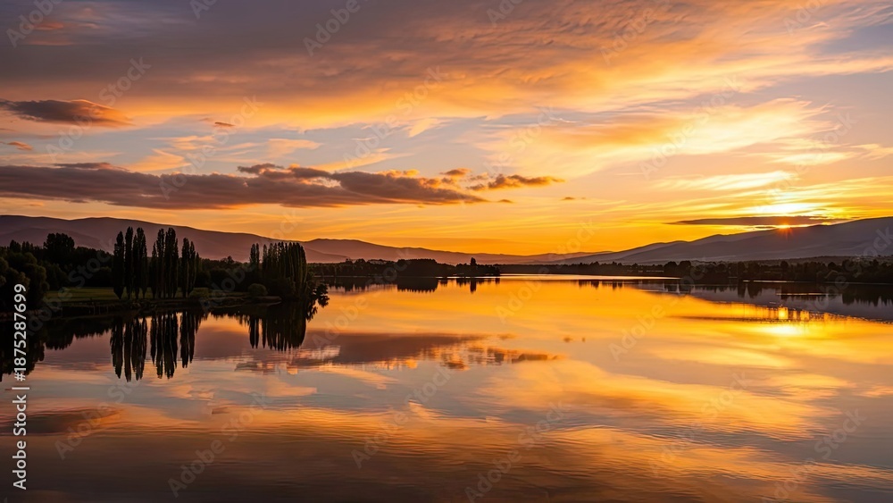 Obraz premium Sunset over serene lake with mountains and trees reflecting in calm water