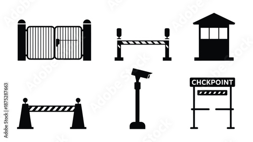 Security checkpoint icons with gate, barrier, booth and camera