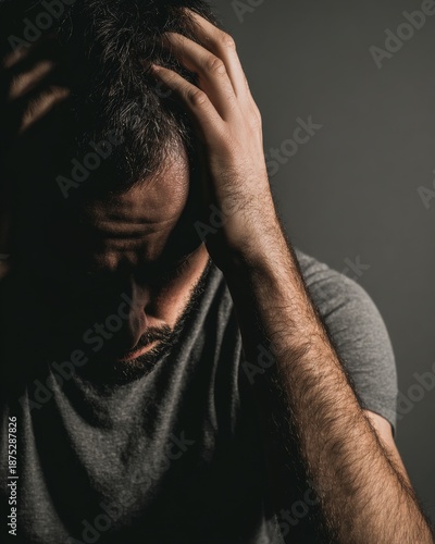 Anxiety Stress Depression Mental Health Support. Man sitting with hands on head against a textured wall. Concept of anxiety, stress, depression, hardship and need for support.