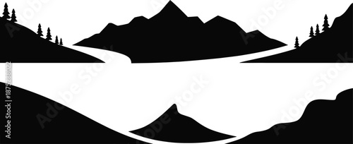 Mountain Lake Panorama Silhouette Illustration