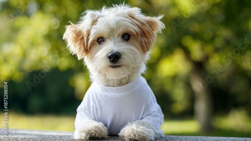 Dapper dog in a darling dress-up tee basking in bright sunlight at the outdoor park