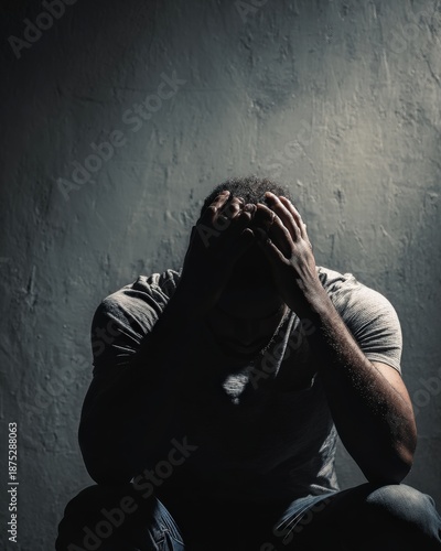 Anxiety Stress Depression Mental Health Crisis. Stressed man holding his head in darkness. Anxiety, depression and mental health crisis concept with strong emotion and copy space.