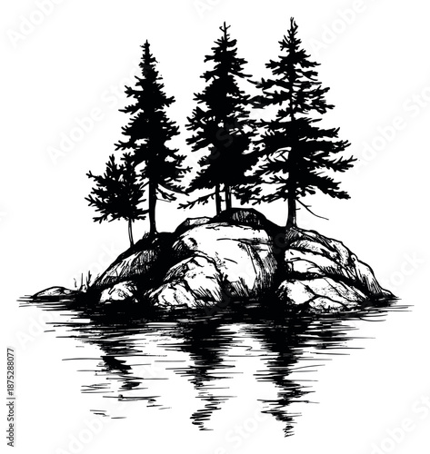 Hand drawn line art illustration of a rocky island depicting pine trees reflected in water for nature design