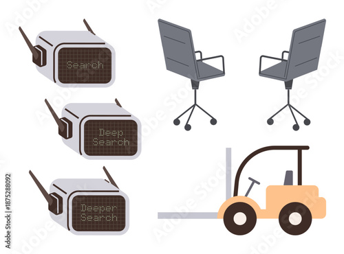 Security monitoring, workplace setup, equipment logistics, warehouse operations, safety measures, technology. Cameras with search text, office chairs forklift illustration. Security monitoring