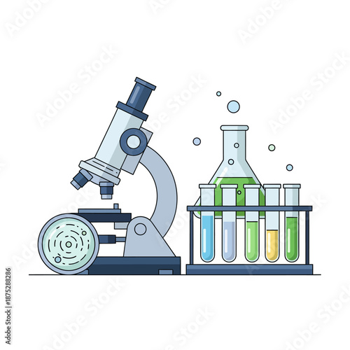 Microscope and Laboratory Flask with Test Tubes, Science and Research Concept