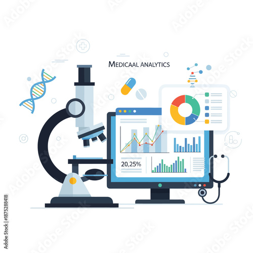 Medical Research Data Analysis: Microscope, DNA, Computer Screen with Charts