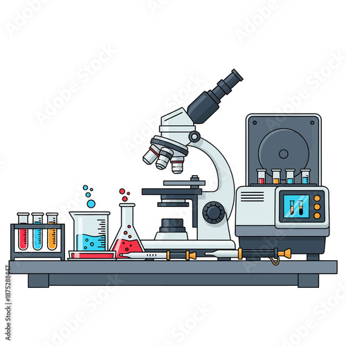Scientific Laboratory Equipment: Microscope, Centrifuge, Beakers, Test Tubes, Research Tools