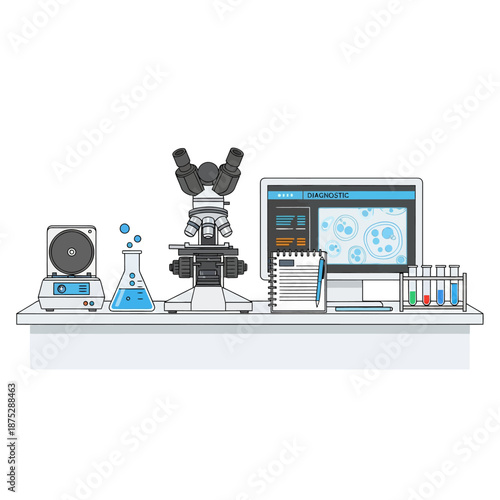 Microscope, computer, and lab equipment on a white desk for scientific research