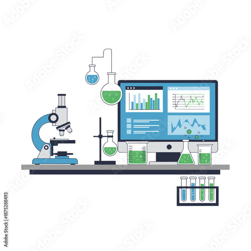 Modern Science Laboratory Setup with Microscope, Computer, and Glassware