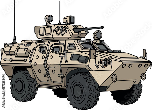Military vehicle illustration on a white background showcasing its detailed design and combat readiness