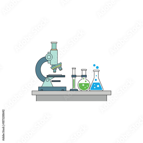 Microscope and laboratory flasks with colorful liquids on a table, science and research