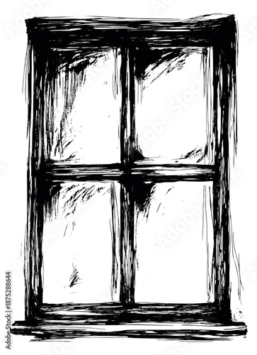 Grungy hand drawn line art illustration of a window frame depicting a distressed appearance for horror or vintage concepts