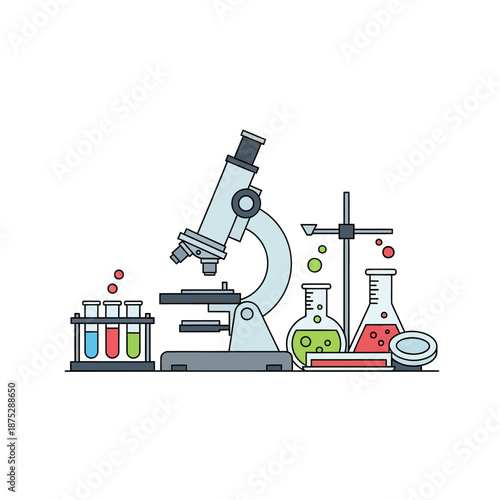 Microscope and laboratory equipment with colorful liquids