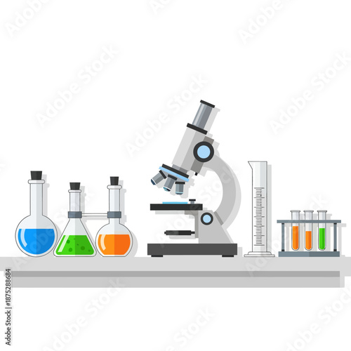 Laboratory Science Equipment: Microscope, Beakers, Test Tubes, and Graduated Cylinder