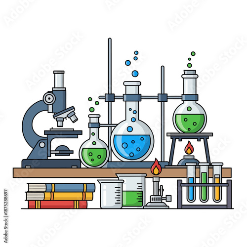 Science Laboratory Setup with Microscope, Flasks, Beakers & Bunsen Burner