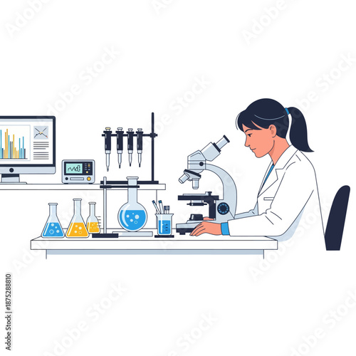 Scientist analyzing sample under microscope in modern laboratory with equipment