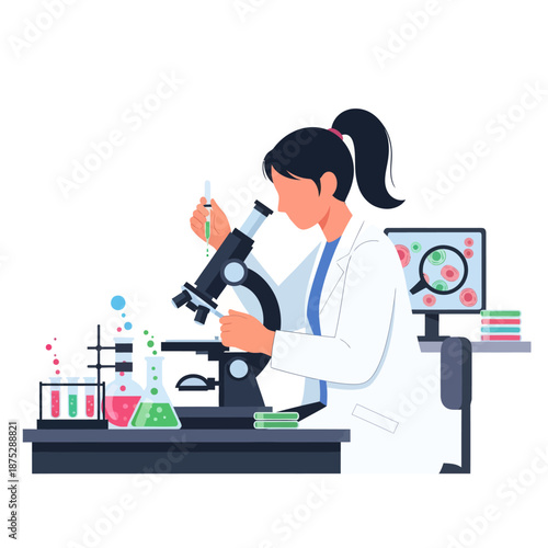 Scientist working with microscope and lab equipment, research and development concept