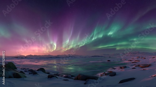 A captivating nightscape showcases vibrant aurora borealis dancing above a frozen terrain