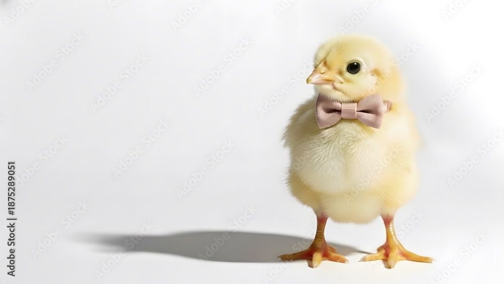 Fototapeta premium Yellow baby chick wearing a pink bow tie. Cute animal for Easter or spring celebration design. Copy space background