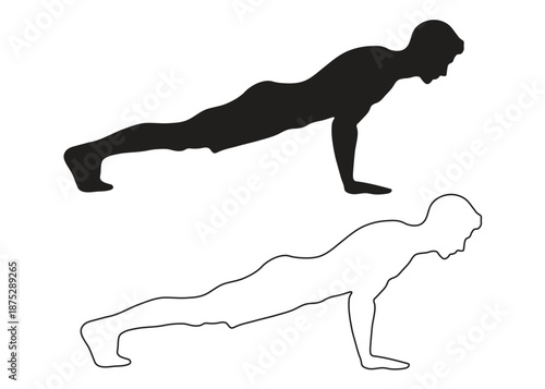 Male athlete silhouette doing push up exercise for fitness and workout training set.