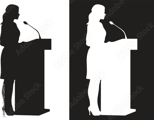 Woman silhouette speaking at podium or lectern for public speech or political presentation.