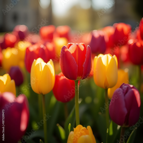 Sunlit Field of Vibrant Red, Purple, and Yellow Spring Tulips