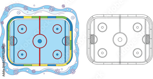 Top View Ice Hockey Rink Illustration Set with Colored Version and Black and White Line Art Coloring Page for Kids Education Activity and Sports Theme Vector Graphic Background