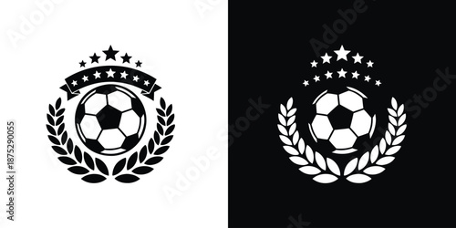 Soccer Ball Silhouette Emblem with Laurel Wreath Shield and Stars for Sports Logo Design
